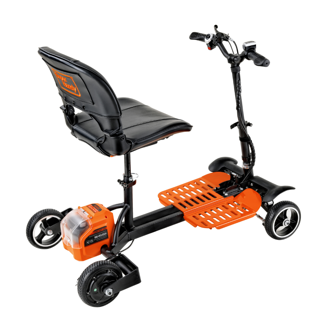 Meet the SuperHandy Passport Pro Mobility Scooter - Foldable & Ultralite, featuring a sleek black seat and handlebars, an orange foot platform, a durable black frame, and a compact orange battery pack mounted at the back.