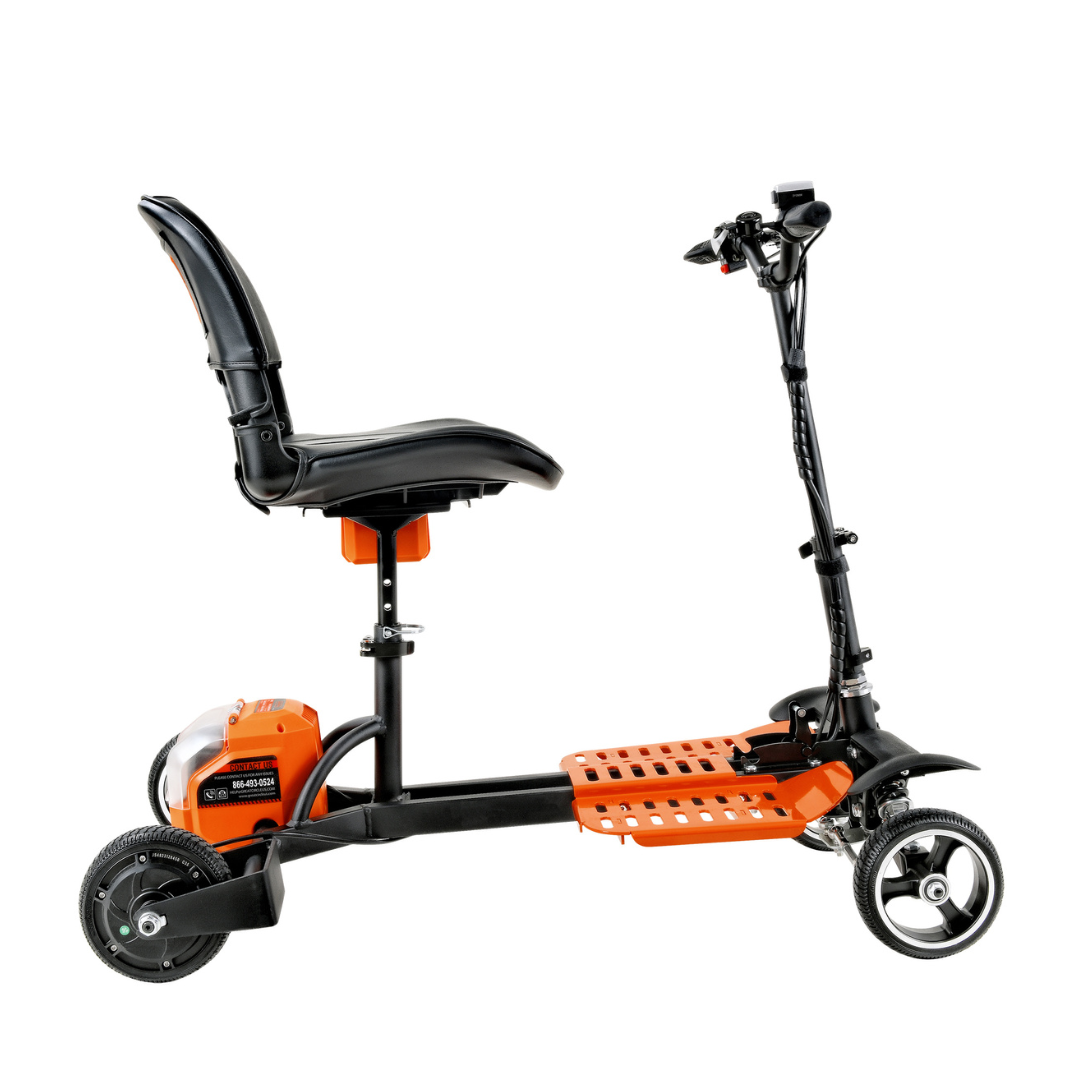 The SuperHandy Passport Pro Mobility Scooter is foldable and ultralite, featuring a black seat, orange deck and frame, two front wheels for stability, a small rear wheel, and handlebars with controls for convenient portability.