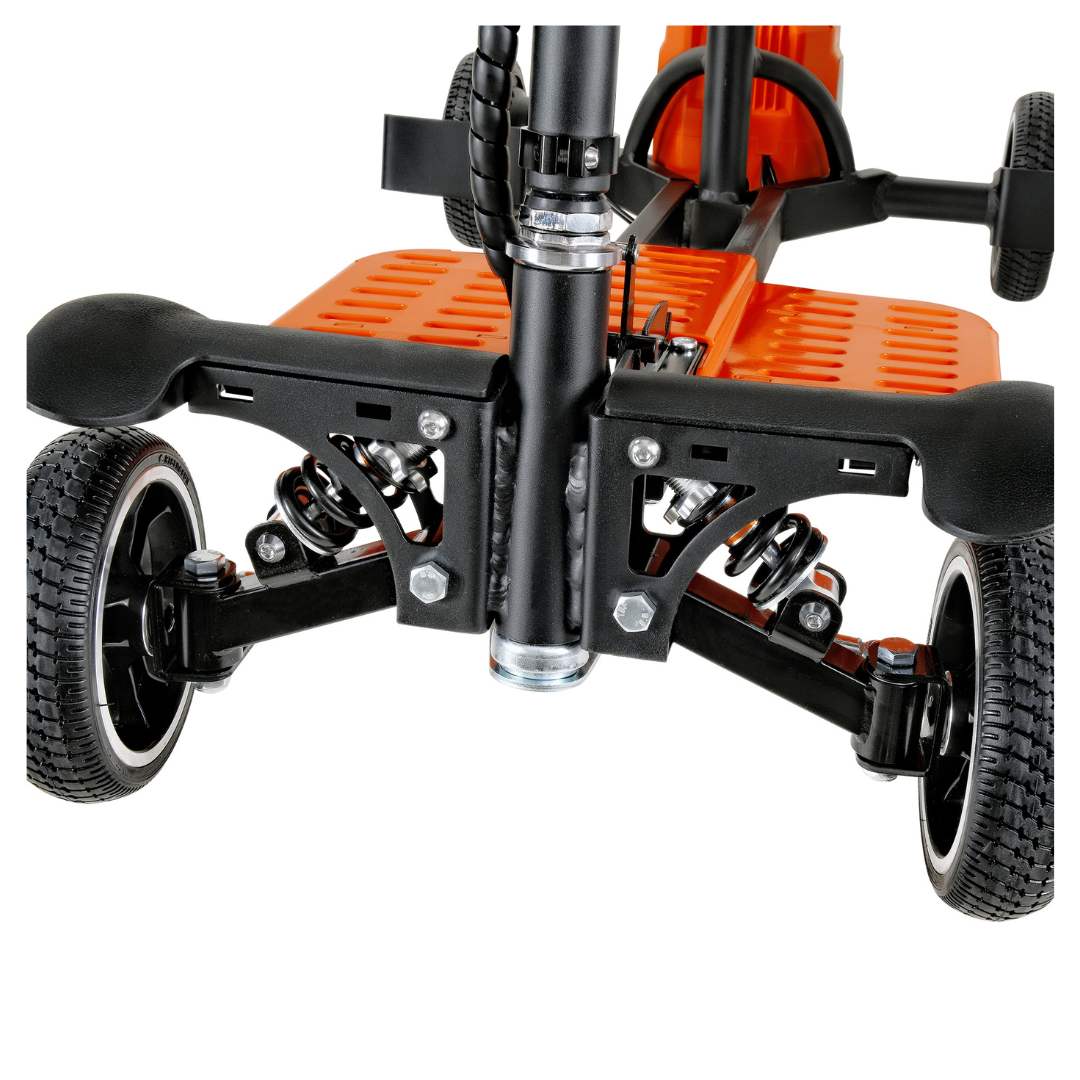 Close-up view of the SuperHandy Passport Pro Mobility Scooter in orange, highlighting the front wheel and suspension. The sturdy metal frame and textured footplate are showcased, emphasizing its foldable, ultralight convenience.