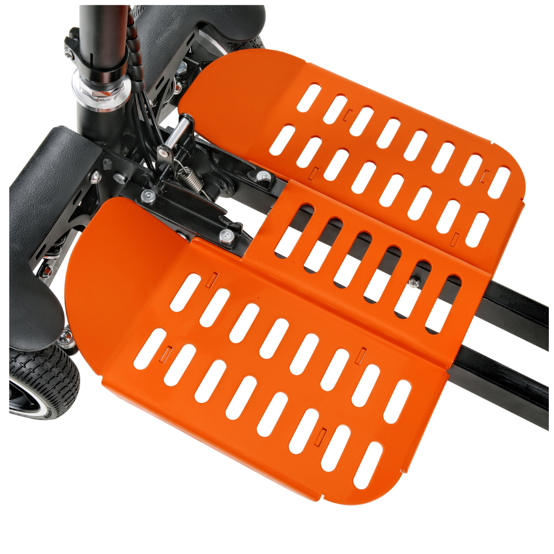 Close-up of an orange footrest with parallel slots on a black frame from the SuperHandy Passport Pro Mobility Scooter - Foldable & Ultralite. Designed for stability and compact storage, the four-wheel scooters metallic structure ensures practical portable mobility solutions.