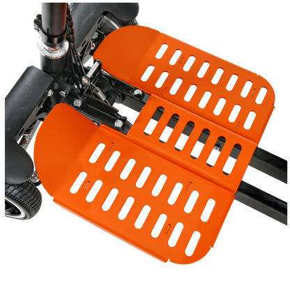 Close-up of an orange footrest with parallel slots on a black frame from the SuperHandy Passport Pro Mobility Scooter - Foldable & Ultralite. Designed for stability and compact storage, the four-wheel scooters metallic structure ensures practical portable mobility solutions.