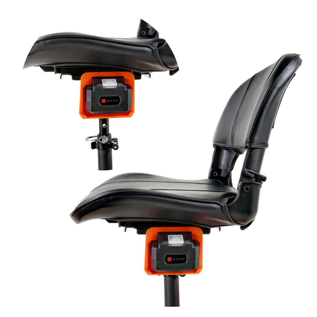 Two views of a black leather bar stool with an orange hydraulic pump and metal support highlight its elegance. Featuring a slightly curved backrest, cushioned seat, and foldable height adjustment, it offers versatility akin to the SuperHandy Passport Pro Mobility Scooter. White background.