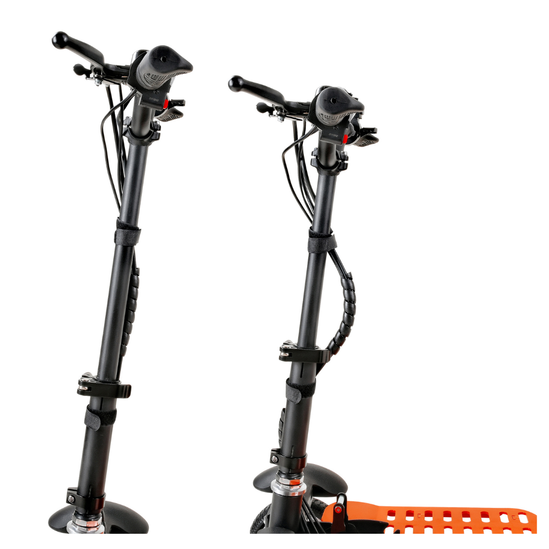 Two black handlebars with control levers and cables highlight the sleek design of the SuperHandy Passport Pro Mobility Scooter. The orange deck peeks out at the bottom right, showcasing this foldable and ultralight electric scooters portability against a plain white background. Perfect for urban commuting.