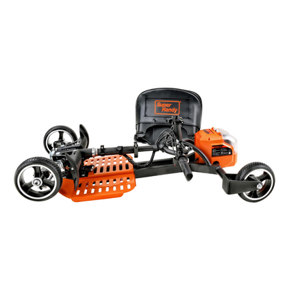 The SuperHandy Passport Pro Mobility Scooter, an orange and black electric drift trike, has a foldable design for easy transport. It includes a front handlebar, black cushioned seat with the Super Handy brand visible, footrest platform, and motor-equipped rear wheels for dynamic drifting adventures.