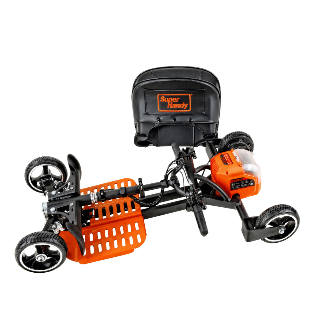 The SuperHandy Passport Pro Mobility Scooter features a foldable, ultralight design with an orange and black frame, Super Handy branded rear seat, front basket, and handlebar control panel. Its compact and stable three-wheel design makes it easy to transport conveniently.