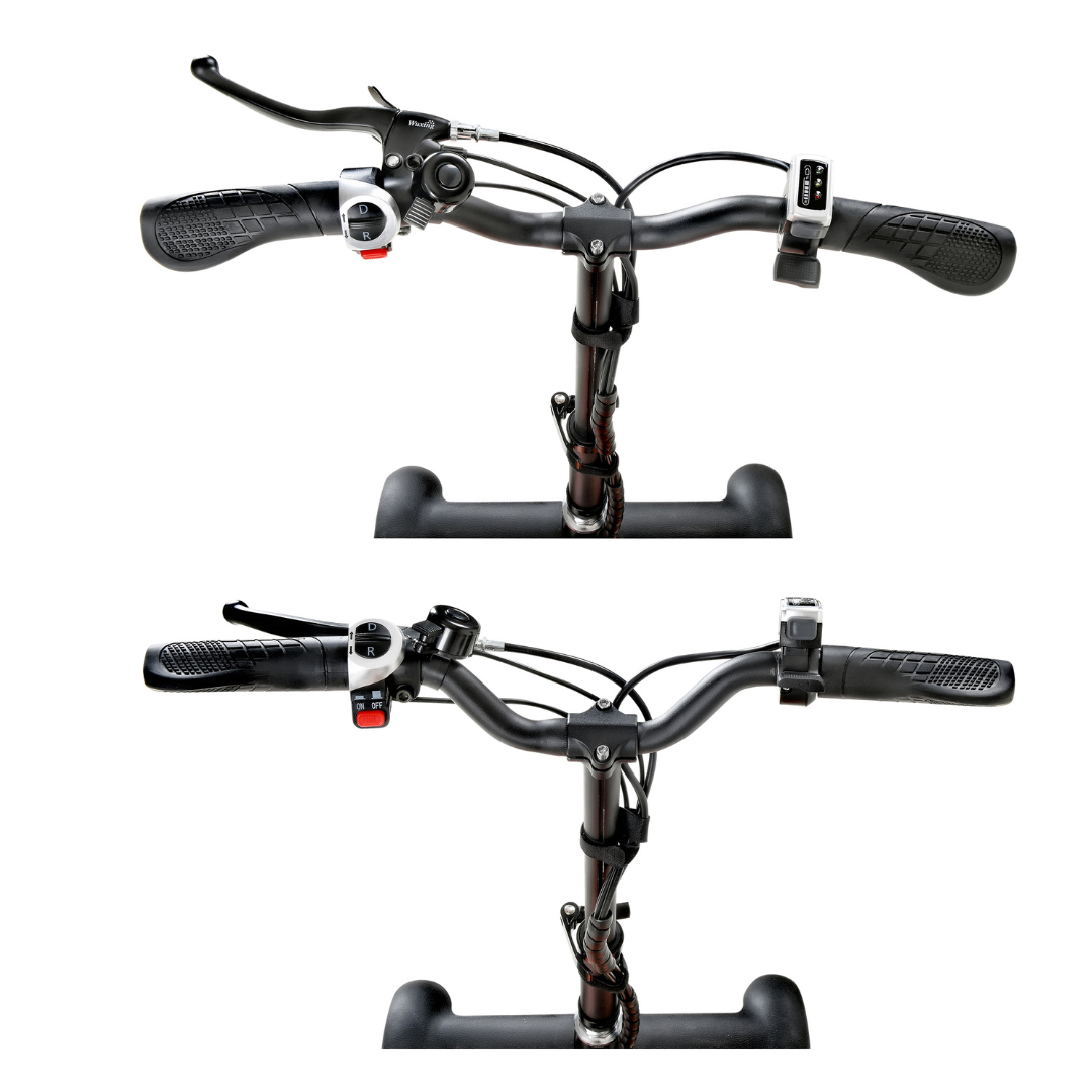 Top and front views of the SuperHandy Passport Pro Mobility Scooters handlebar show black grips with brake levers, gear shifters, a digital display on the right side of the top view, and extending wires, blending features reminiscent of a bicycle.