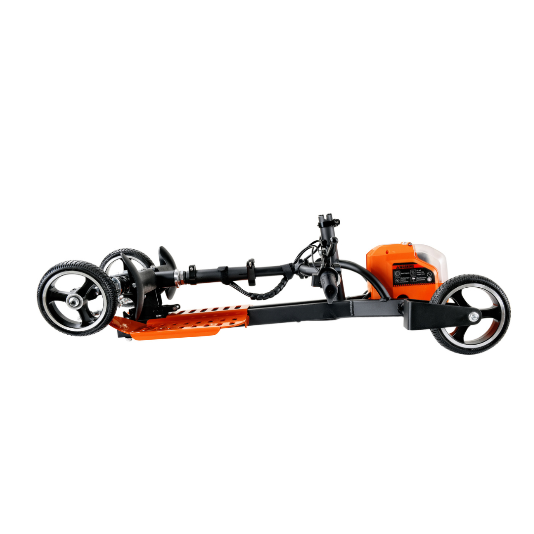 Image of the SuperHandy Passport Pro Mobility Scooter, showcasing a foldable, ultralight three-wheeled design with a black frame, orange motor at the rear, two small rear wheels, and a larger front wheel. Despite the absence of a seat or handlebar, it remains portable.