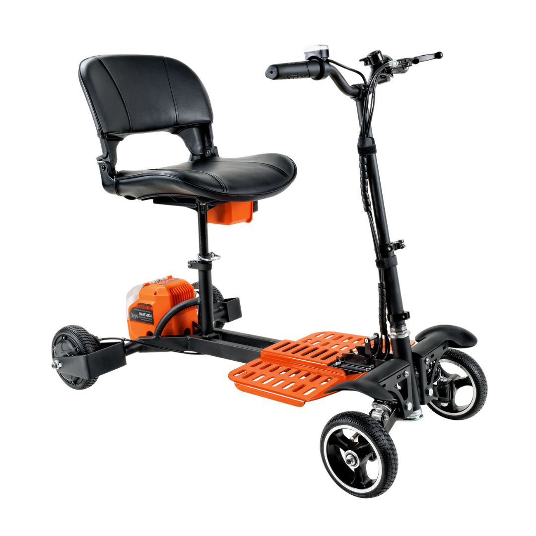 The SuperHandy Passport Pro Mobility Scooter is a foldable, ultralite, three-wheeled scooter in black and orange featuring a cushioned seat, handlebars, and footrest. It includes a rear-mounted motor for easy transport.