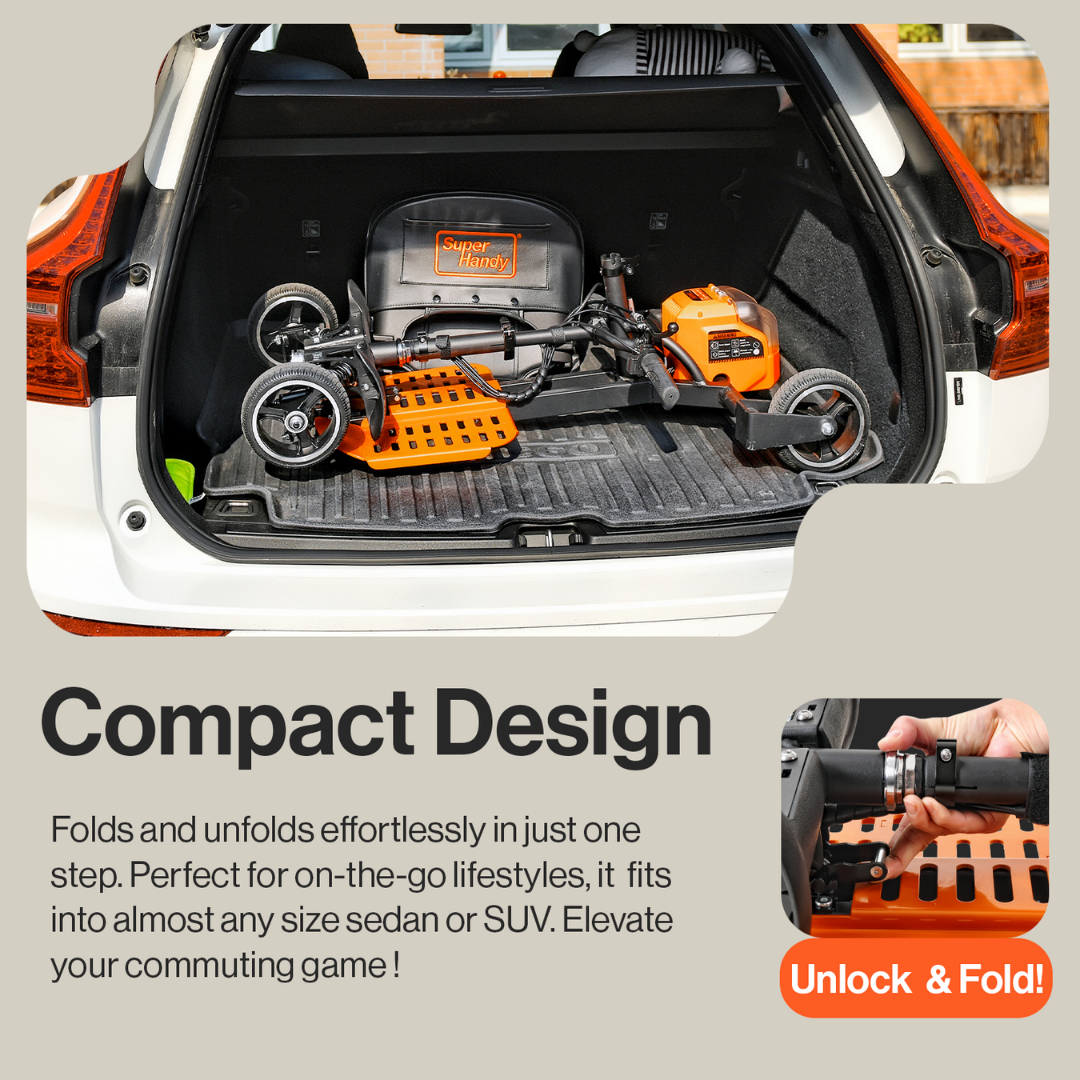 The trunk of a white car holds a folded SuperHandy Passport Pro Mobility Scooter. A label reads Super Handy, with an inset showing a hand unlocking it like folding a golf push cart, emphasizing its compact design and easy folding to fit sedans or SUVs.