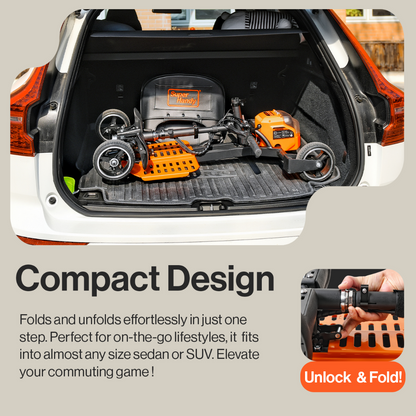 The trunk of a white car holds a folded SuperHandy Passport Pro Mobility Scooter. A label reads Super Handy, with an inset showing a hand unlocking it like folding a golf push cart, emphasizing its compact design and easy folding to fit sedans or SUVs.