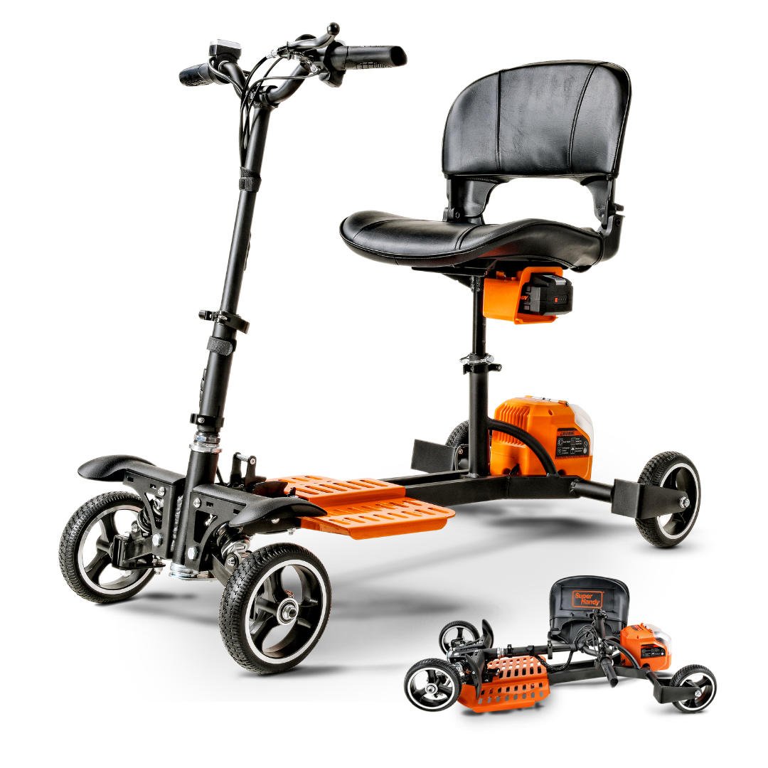 The SuperHandy Passport Pro Mobility Scooter is a portable, orange and black three-wheel scooter with a cushioned seat, handlebars, and footrests. A smaller image in the bottom right displays the scooter conveniently folded.