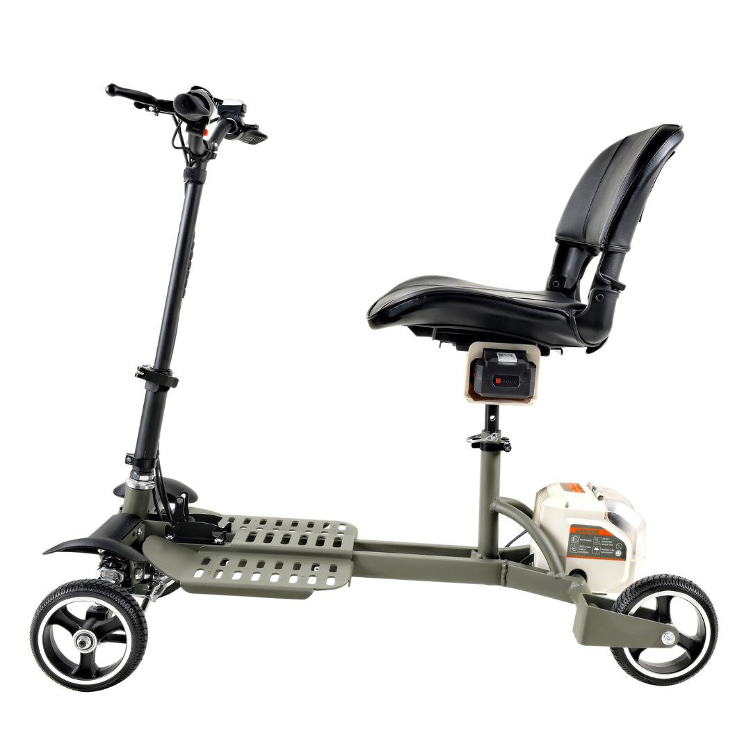 The SuperHandy Passport Pro Mobility Scooter features a sleek side view with a black cushioned seat, sturdy gray frame, and foldable, ultralight design for easy transport. Its black handlebar and foot platform complement the compact battery pack below the seat for seamless travel.