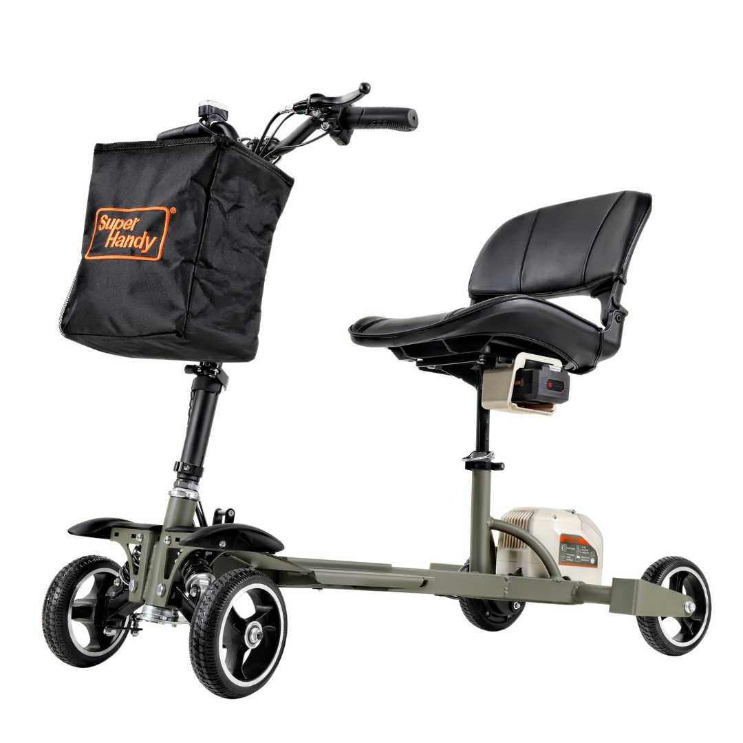 The SuperHandy Passport Pro Mobility Scooter is a foldable, ultralight option with three wheels, black seat and handlebars. It features a Super Handy tote bag on the front, designed for easy transport and maneuverability—perfect for those on the move.