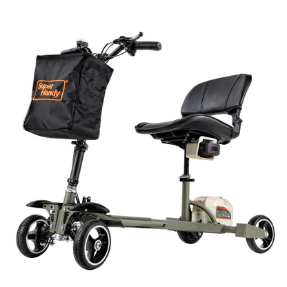 The SuperHandy Passport Pro Mobility Scooter is a foldable, ultralight option with three wheels, black seat and handlebars. It features a Super Handy tote bag on the front, designed for easy transport and maneuverability—perfect for those on the move.