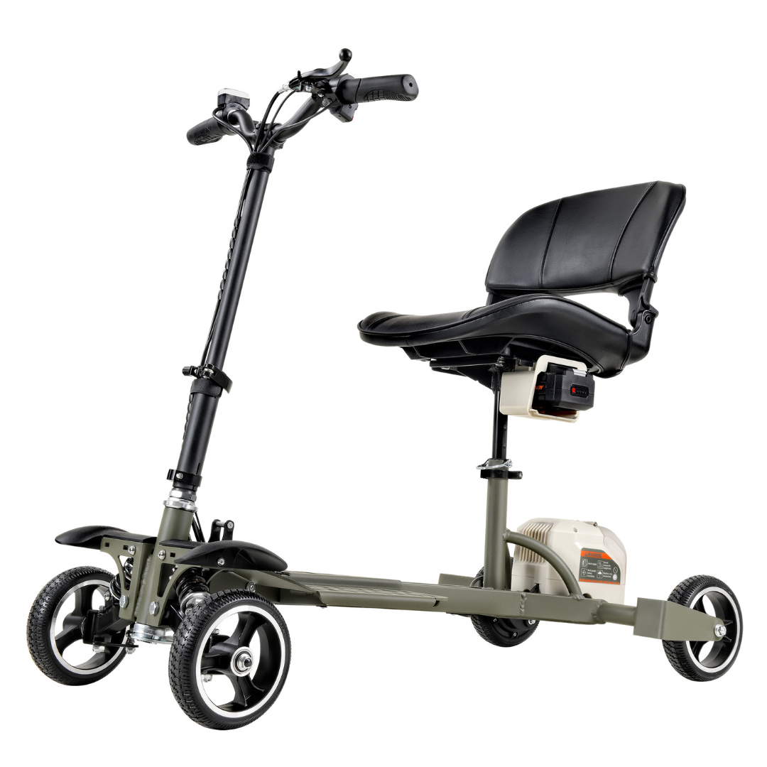 The SuperHandy Passport Pro Mobility Scooter is a compact, foldable 4-wheel scooter with a sleek black and green design. It features a comfortable padded seat, control handlebars, and small wheels for easy indoor and outdoor maneuvering, offering excellent portability.