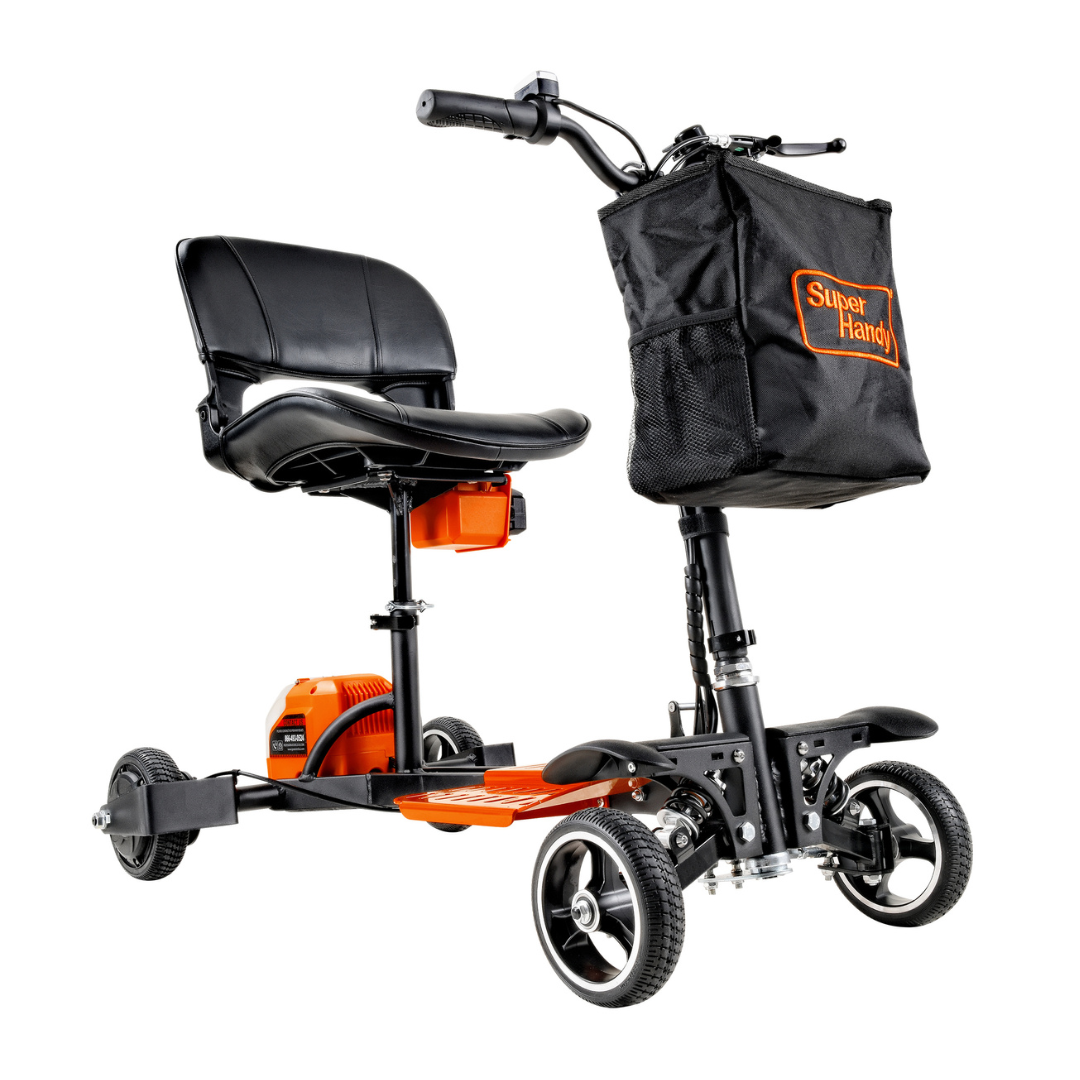 The SuperHandy Passport Pro Mobility Scooter features a three-wheel design, a black cushioned seat, and a front storage basket. Mostly black with orange accents, this foldable and ultralight scooter delivers convenience and style for all your transport needs.