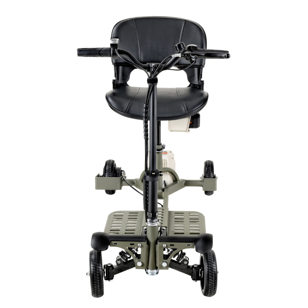 The SuperHandy Passport Pro Mobility Scooter is a compact, foldable, and ultralight 4-wheel scooter featuring a black seat and handlebars, footrests, and a sturdy frame designed for accessibility and convenience.
