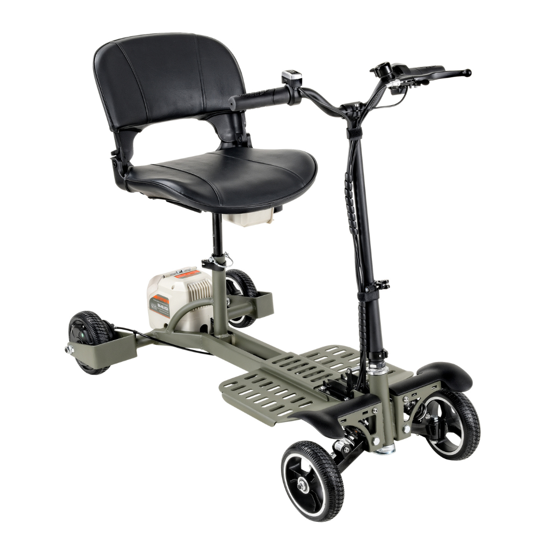 The SuperHandy Passport Pro Mobility Scooter is foldable and ultralight, featuring a 4-wheel design with a black cushioned seat, handlebars, and a compact muted green frame. Its ideal for easy transportation and storage, making it perfectly portable for those on the go.