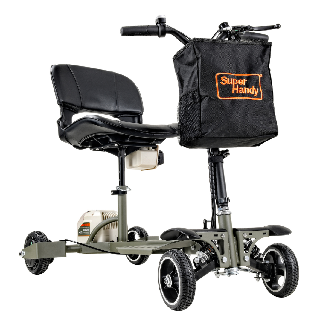 Introducing the SuperHandy Passport Pro Mobility Scooter, a lightweight and compact foldable electric scooter. It features three wheels, a black seat and handlebar, and a black storage bag labeled Super Handy on the front for easy mobility and convenience.