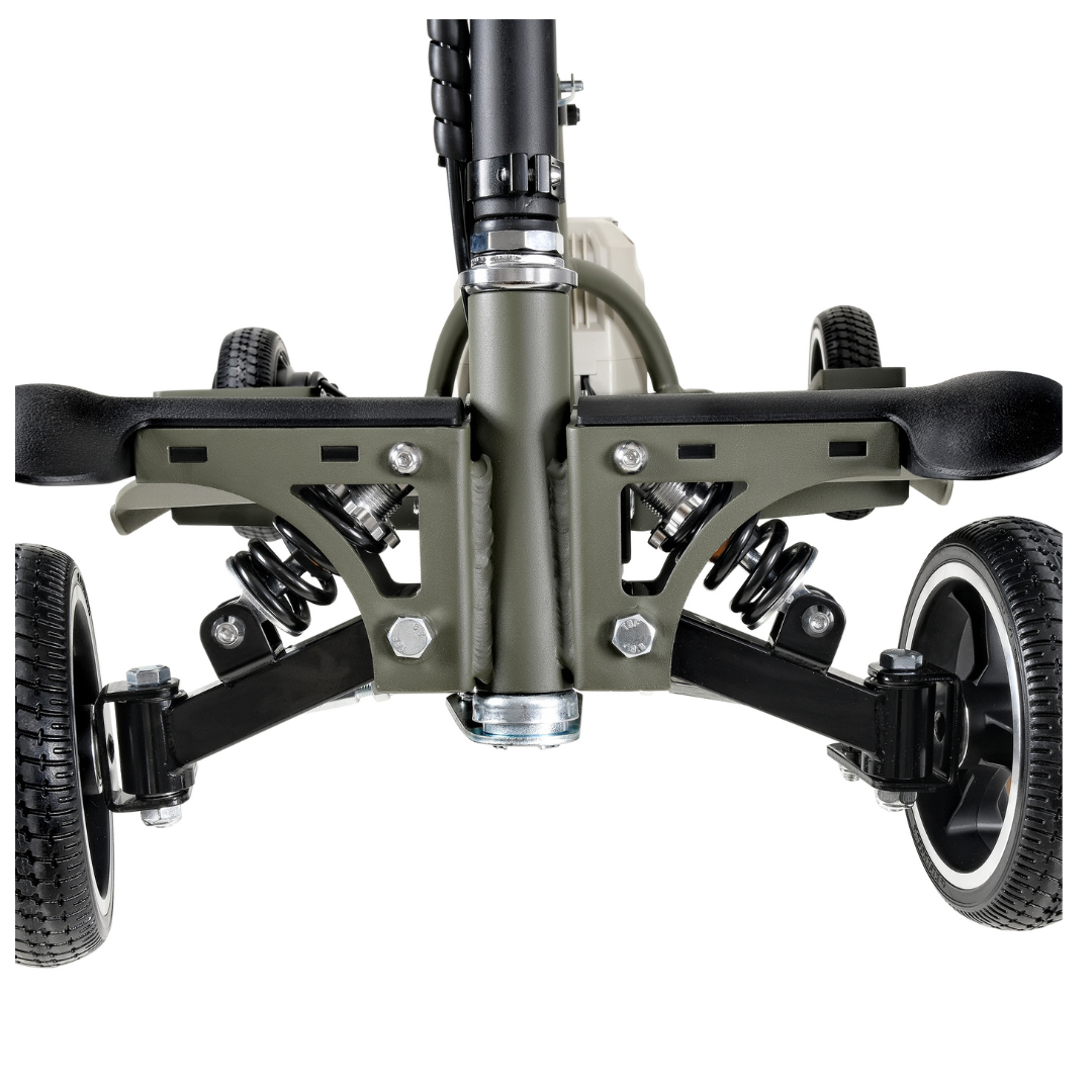 Close-up of the SuperHandy Passport Pro Mobility Scooters foldable base in green, highlighting the suspension system with visible springs and four wheels. The frame features metallic bolts and connectors, showcasing its sturdy construction and design.