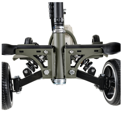 Close-up of the SuperHandy Passport Pro Mobility Scooters foldable base in green, highlighting the suspension system with visible springs and four wheels. The frame features metallic bolts and connectors, showcasing its sturdy construction and design.
