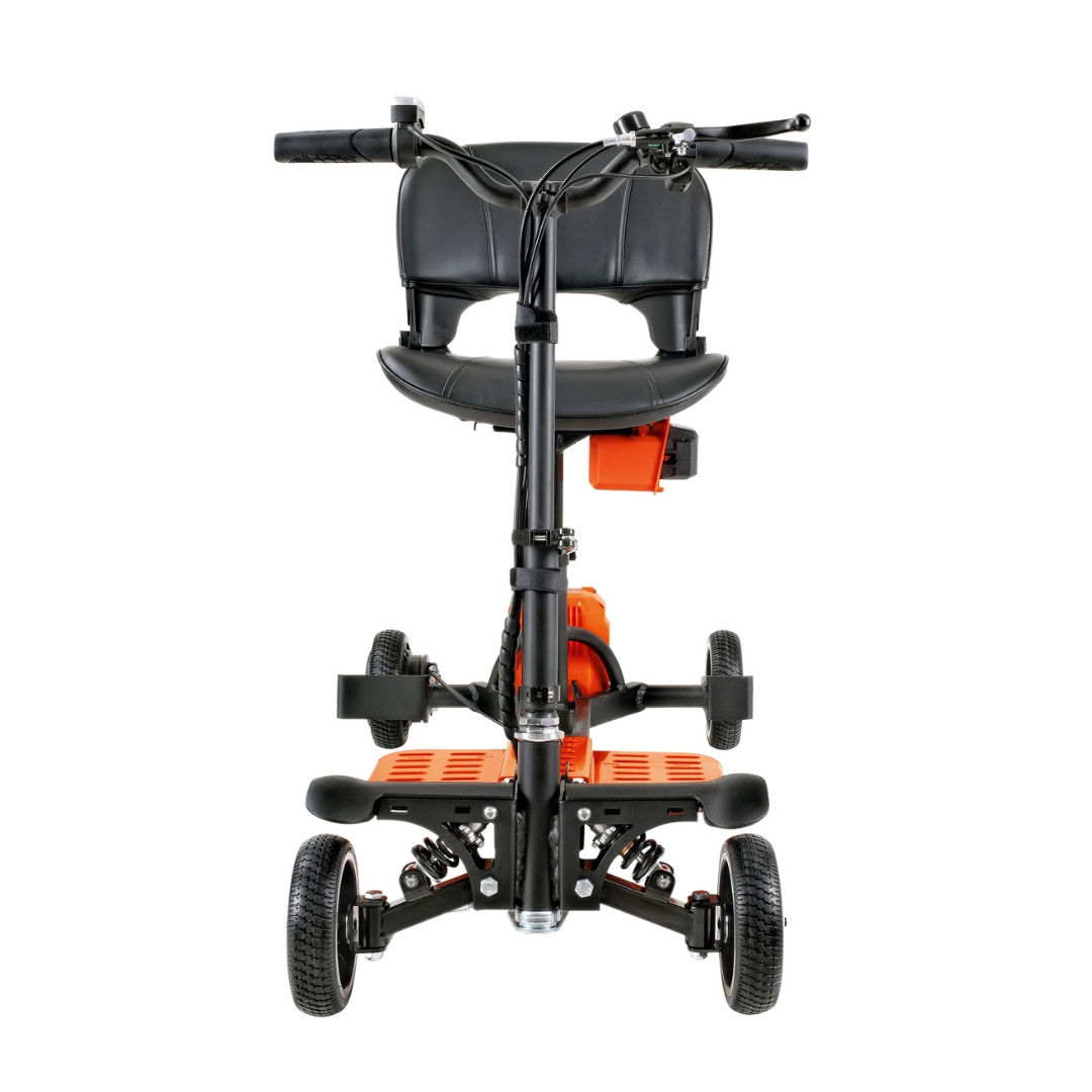 Front view of the SuperHandy Passport Pro Mobility Scooter, showcasing its black frame with orange accents. This foldable and ultralight scooter features four wheels, handlebars, and a compact seat for easy transport and storage.