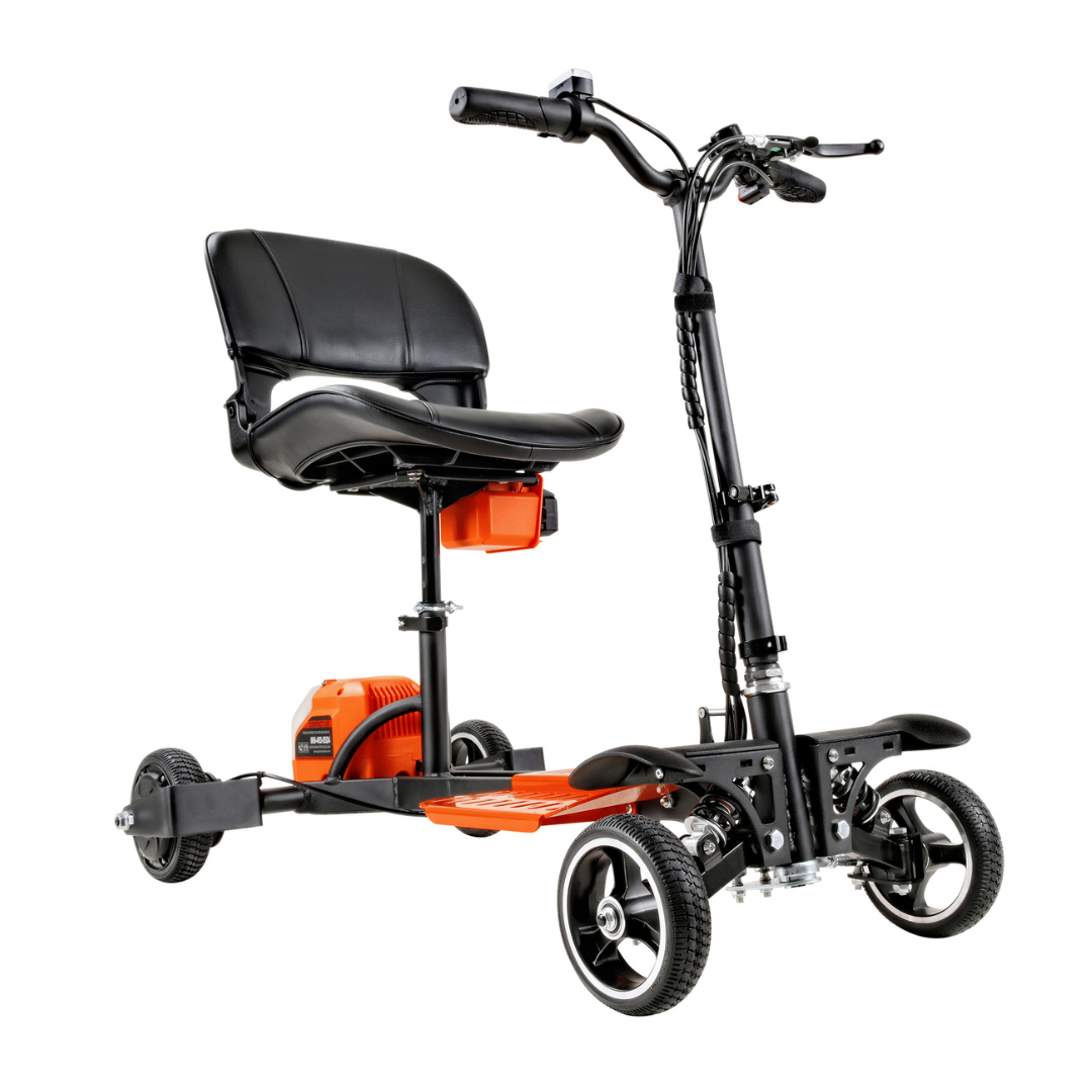 The SuperHandy Passport Pro Mobility Scooter features a sleek, foldable black and orange design with a cushioned seat, handlebars with control panel, foot platform, small rear wheels, and larger front wheels. This ultralite three-wheeler is isolated on a white background.