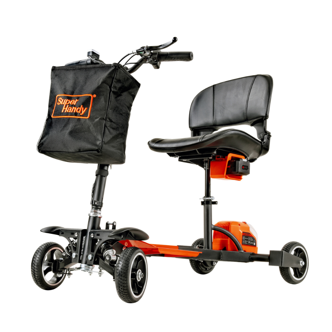 The SuperHandy Passport Pro Mobility Scooter features a compact, foldable design with three wheels, a black padded seat and handlebars, and a front storage bag. Its orange frame ensures easy portability.