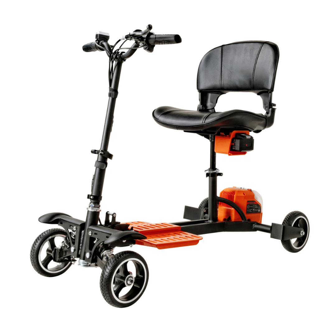 The SuperHandy Passport Pro Mobility Scooter, in sleek black and orange, showcases a minimalist three-wheel design with a padded seat, handlebars, and footrests. Its compact frame is perfect for easy transport and is displayed elegantly on a plain white background.