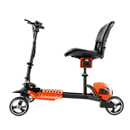 Side view of the SuperHandy Passport Pro Mobility Scooter - Foldable & Ultralite, featuring three wheels, an orange frame, black seat and handlebars. It includes a storage compartment under the seat and is designed for enhanced stability and comfort.