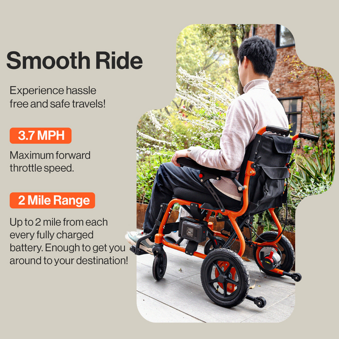 The SuperHandy GoRide 2 Portable Electric Wheelchair GUT166 has a smooth ride with a 3.7 MPH top speed and a 2 miles with each battery