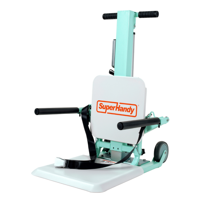 The SuperHandy GoRise FC Bariatric Electric Floor to Chair Lift in the lowest position on the ground