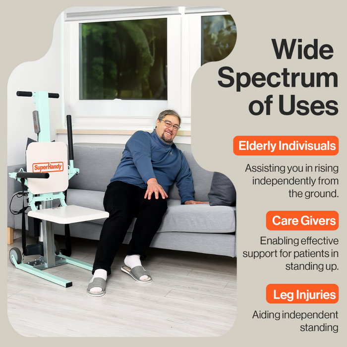 The SuperHandy GoRise FC Bariatric Electric Floor to Chair Lift has a wide spectrum of uses targeted for the elderly, caregivers, leg injuries and more. 