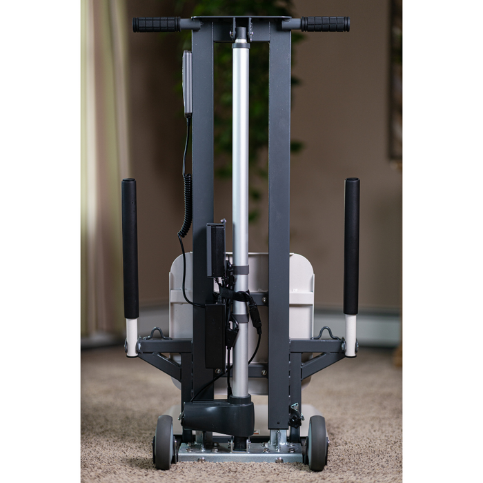 The SuperHandy GoRise FS is a compact, foldable bariatric electric lift assistant with a 500 lbs capacity. It features two wheels, a sturdy frame with handles for easy maneuvering, and an electric control box. Ideal for indoor use on carpeted floors.