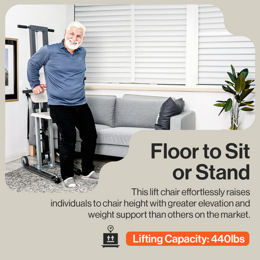 An elderly person uses a SuperHandy GoRise FS - Bariatric Electric Floor to Standing Lift Assistant next to a sofa in a living room with white shutters and a plant. Text reads: Floor to Sit or Stand. Lifting Capacity: 500 lbs. The chair provides excellent weight support and mobility assistance.