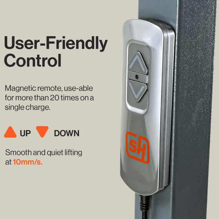 Close-up of the metallic control panel for the SuperHandy GoRise FS - Bariatric Electric Floor to Standing Lift Assistant. It features user-friendly up/down arrow buttons, supports 500 lbs, offers 20 uses per charge, and ensures smooth lifting at 10mm/s with orange UP and DOWN icons visible.
