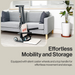 The SuperHandy GoRise FS, a bariatric electric lift with a 500 lbs capacity, is in a stylish living room by a gray sofa with dark pillows and a tall plant in a white pot. Text reads, Effortless Mobility and Storage.