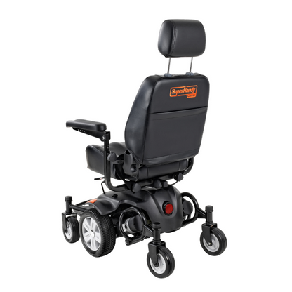 The SuperHandy GoRide CRX Powerchair, with a black seat, armrests, headrest, and four-wheel design for smooth mobility, ensures all-day comfort. The sleek back and side view of this advanced device prominently displays the SuperHandy label.