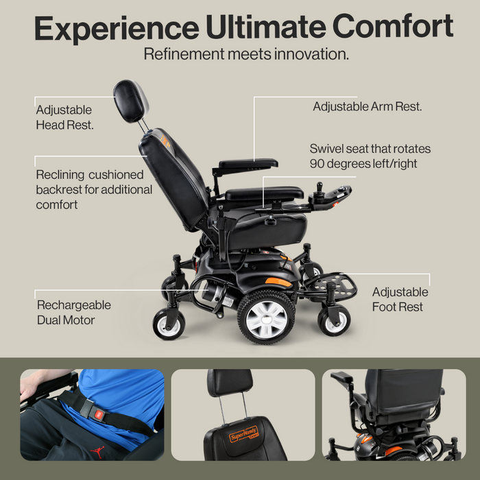 The GUT171 SuperHandy GoRide CRX Powerchair has a reclining backrest, adjustable head and arm rest as well as 90 degree swivel seat