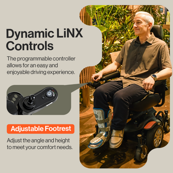 The SuperHandy GoRide CRX Powerchair comes with a dynamic LiNX controls joystick and an adjustable footrest