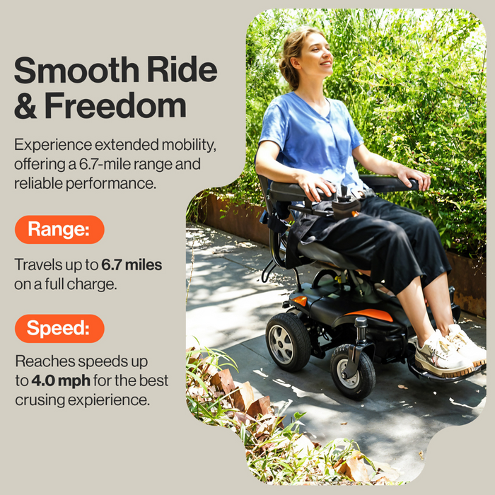 The SuperHandy GoRide CRZ Portable Powerchair GUT172 has a 6.7 mile range and a top speed of 4 MPH