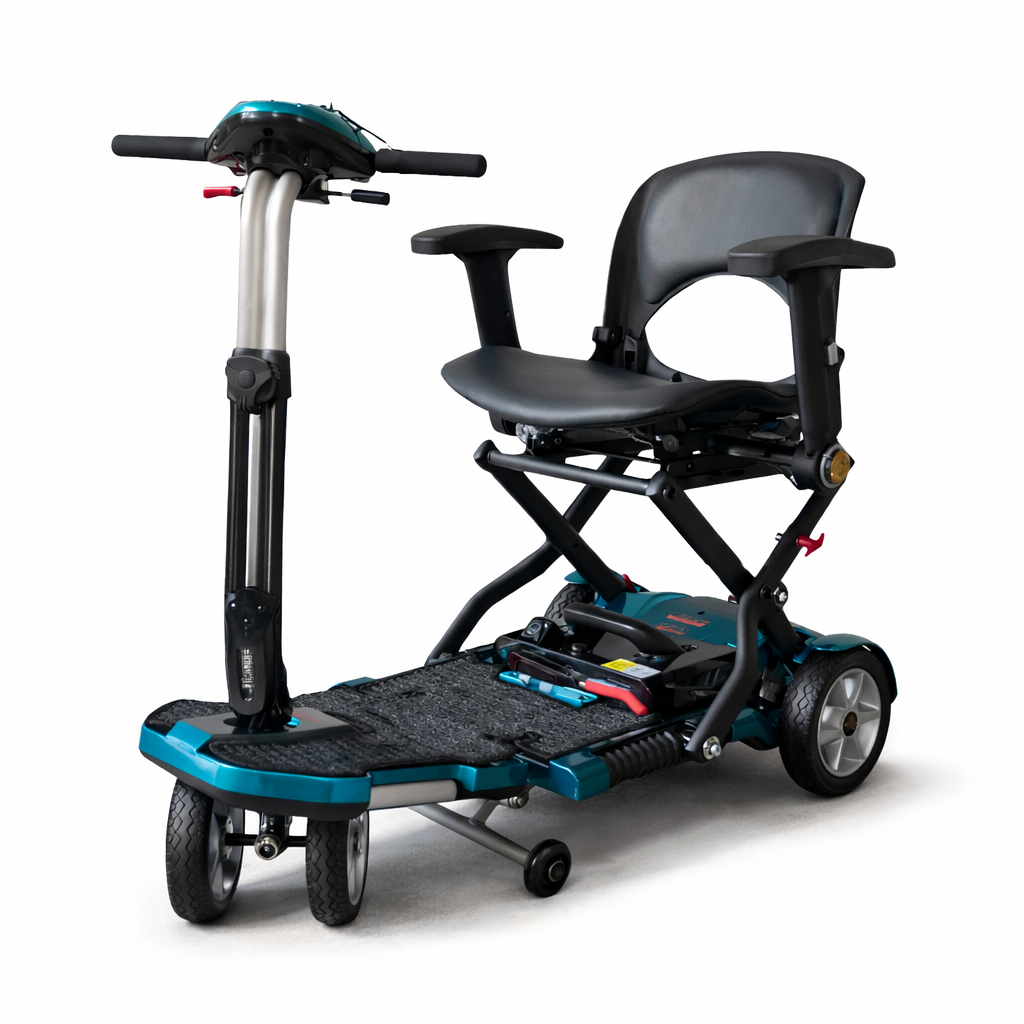 The EV Rider Transport Plus Portable Mobility Scooter is a compact, foldable scooter with a padded seat, armrests, handlebars, and four wheels—designed for comfort and style. Shown on a white background.