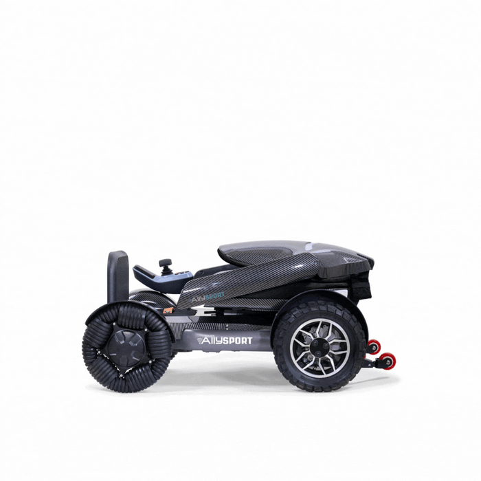 The Golden Tech Ally Sport Smart Powerchair features omni-directional wheels and app control, offering a lightweight black design that easily collapses from riding mode to a compact, portable size for convenient storage.