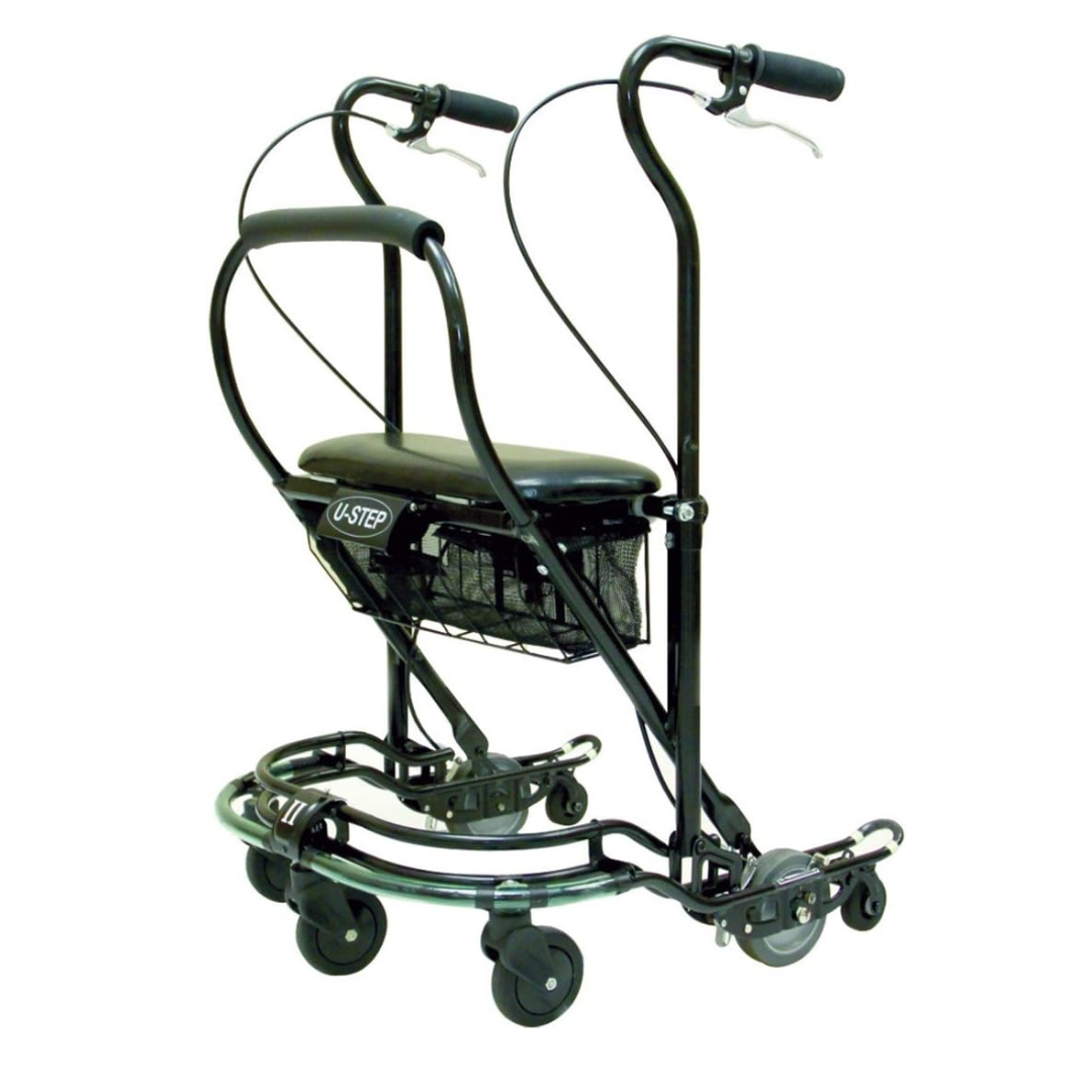 The U-Step Neuro Walking Stabilizer - Rolling Walker with Reverse Braking provides mobility support and fall prevention with a padded seat, four wheels, curved handlebars with hand brakes, and a mesh storage basket.