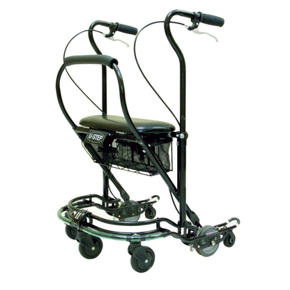 The U-Step Neuro Walking Stabilizer - Rolling Walker with Reverse Braking provides mobility support and fall prevention with a padded seat, four wheels, curved handlebars with hand brakes, and a mesh storage basket.