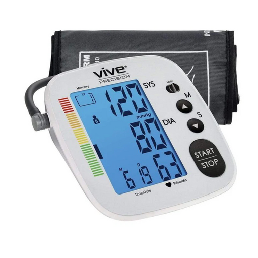 The Vive Health Blood Pressure Monitor impresses with a blue LCD showing 120/80 mmHg readings. It offers Guaranteed Accuracy, Irregular Heartbeat Detection, memory, settings, start/stop buttons, and an attached cuff. The brand name is prominently displayed at the top.