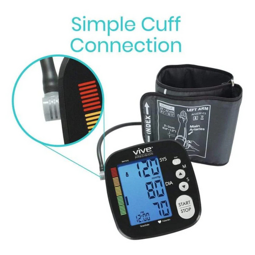 The Vive Health Blood Pressure Monitor comes with a digital screen for readings, time, and Irregular Heartbeat Detection. Its Simple Cuff Connection ensures easy operation and guarantees accurate results.