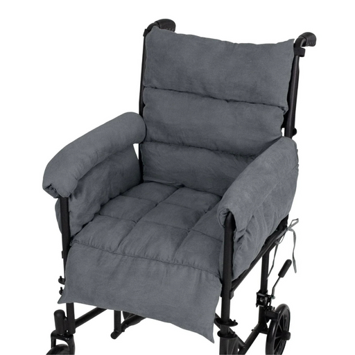 The Vive Health Full Wheelchair & Transport Chair Cushion offers pressure relief and comfort with its thick, padded cover. Its dark gray non-slip fit provides stability on the black frame, while large rear wheels and small front casters ensure smooth maneuverability.