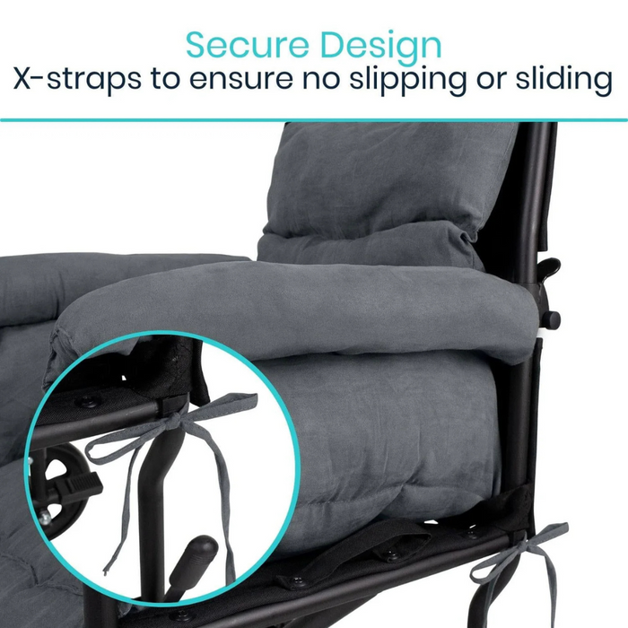 Close-up of the Vive Health Full Wheelchair & Transport Chair Cushion featuring padded armrests for comfort, secure design with X-straps ensuring no slipping or sliding. Text above reads, Secure Design: X-straps to ensure stability.