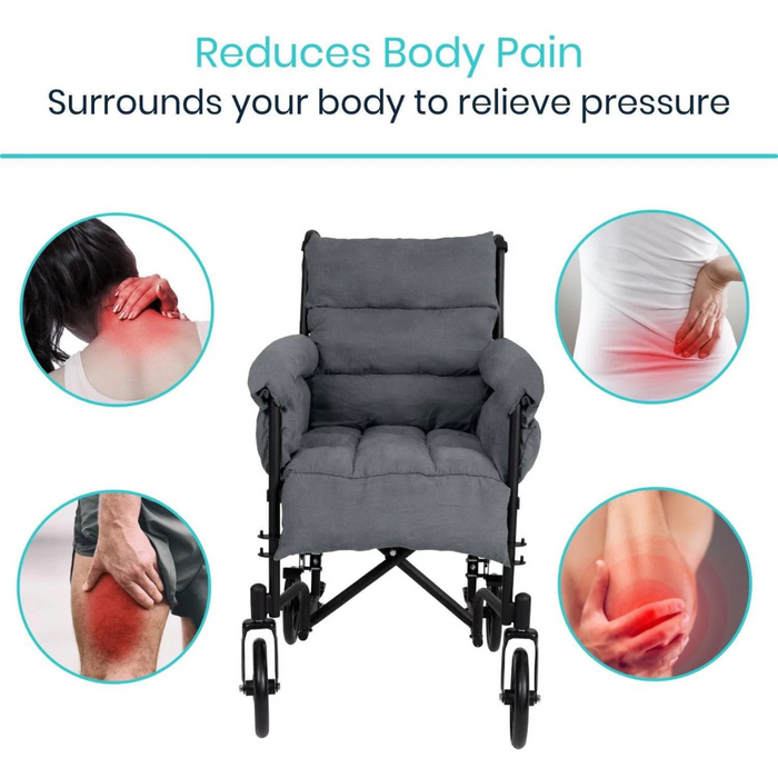 The Vive Health Full Wheelchair & Transport Chair Cushion features a non-slip fit with dark gray padding for optimal pressure relief, targeting the neck, back, knees, and wrists. Surrounding images show individuals highlighting these red pain relief areas by holding the affected regions.